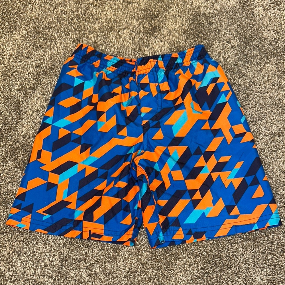 Under Armour Orange and Blue Swim Trunks with Geometric Design